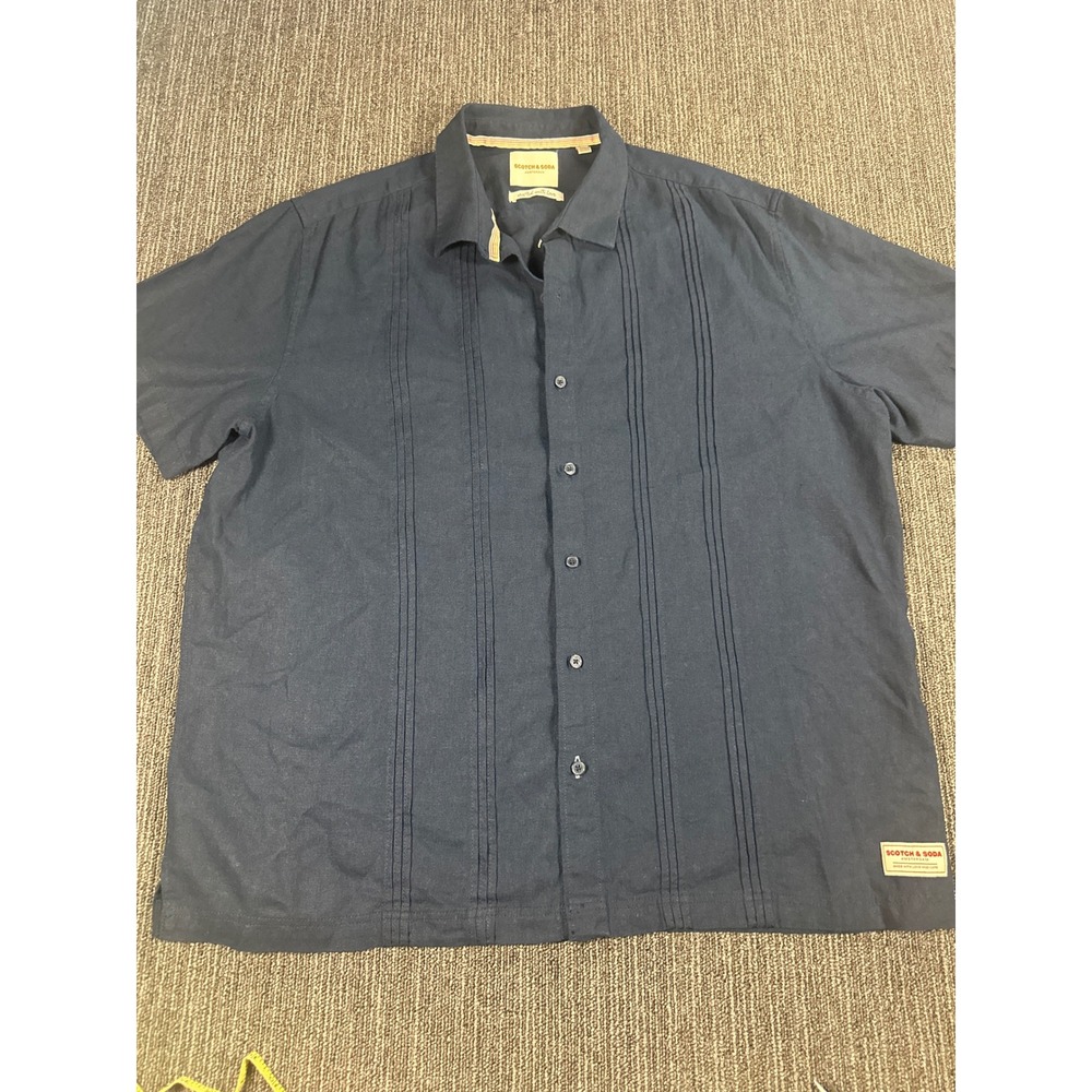 Scotch & Soda Mens XXL Navy Blue Guayabera Pleated Short Sleeve Shirt 1860911